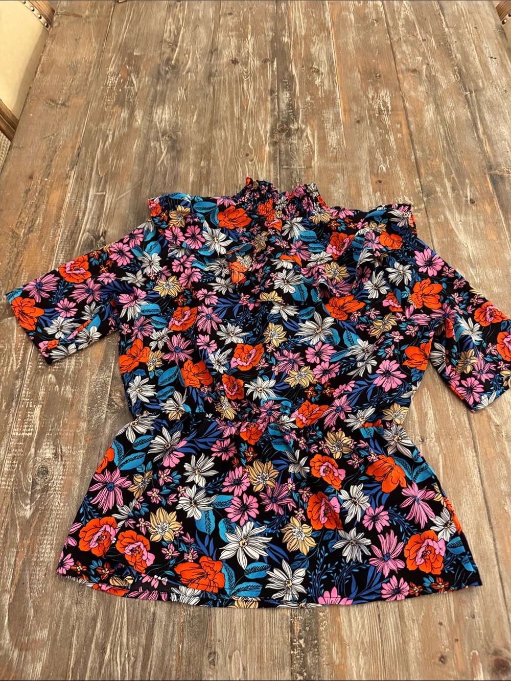 Floral Mock-Neck Short Sleeve Top in Black with Multi-Color Bloom